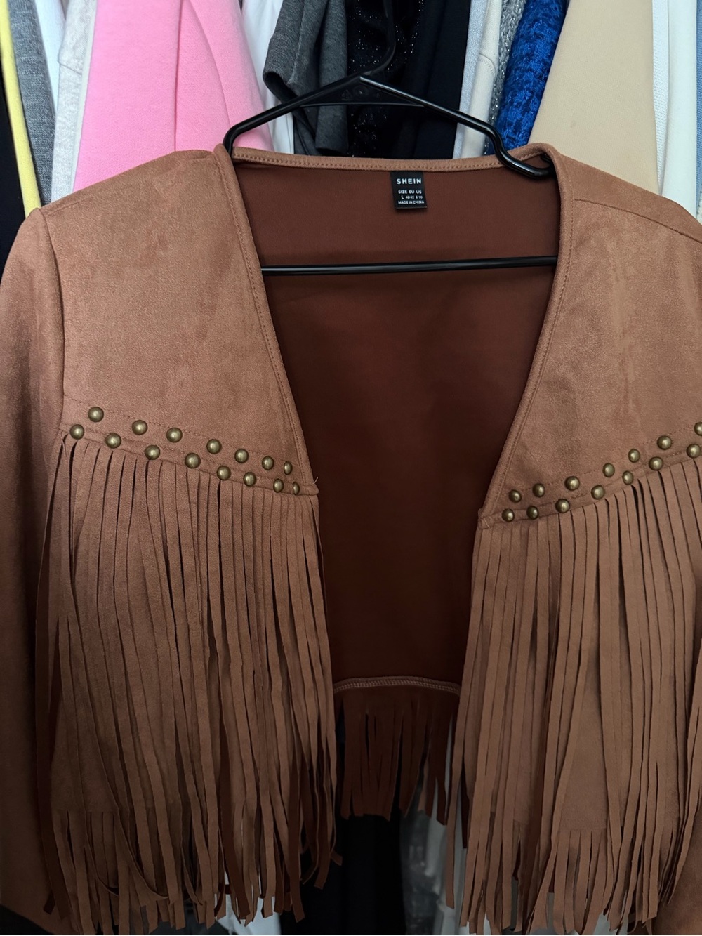 SHEIN Brown Fringe Faux Suede Open-Front Jacket